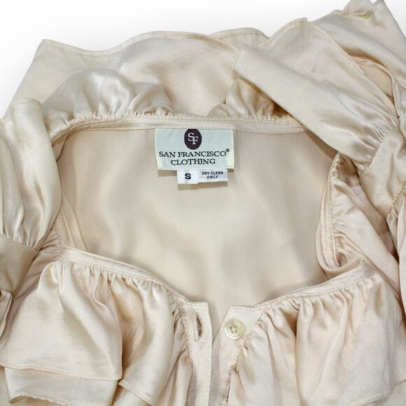 (S) Vintage SanFranciscoClothing Silk Charmeuse Ruffle Peasant Blouse Butter - Picture 3 of 9
